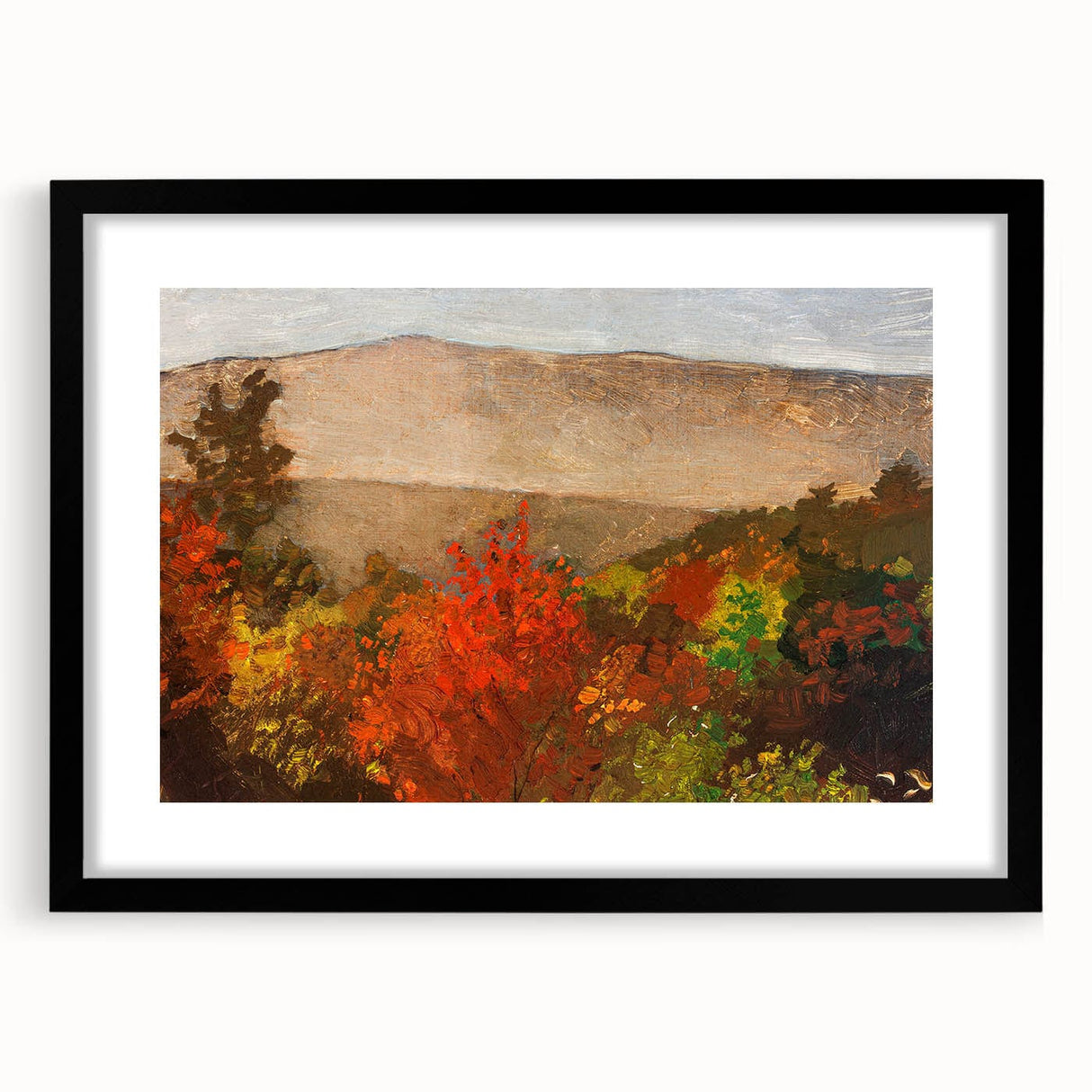 Extra large abstract art print featuring textured swirls in vibrant autumn colors on a black framed canvas.