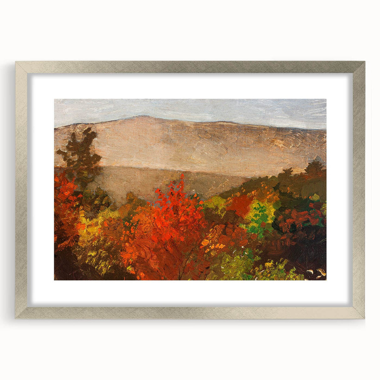 Textured abstract art print in warm autumn hues on a silver-framed canvas, ideal for bedroom art.