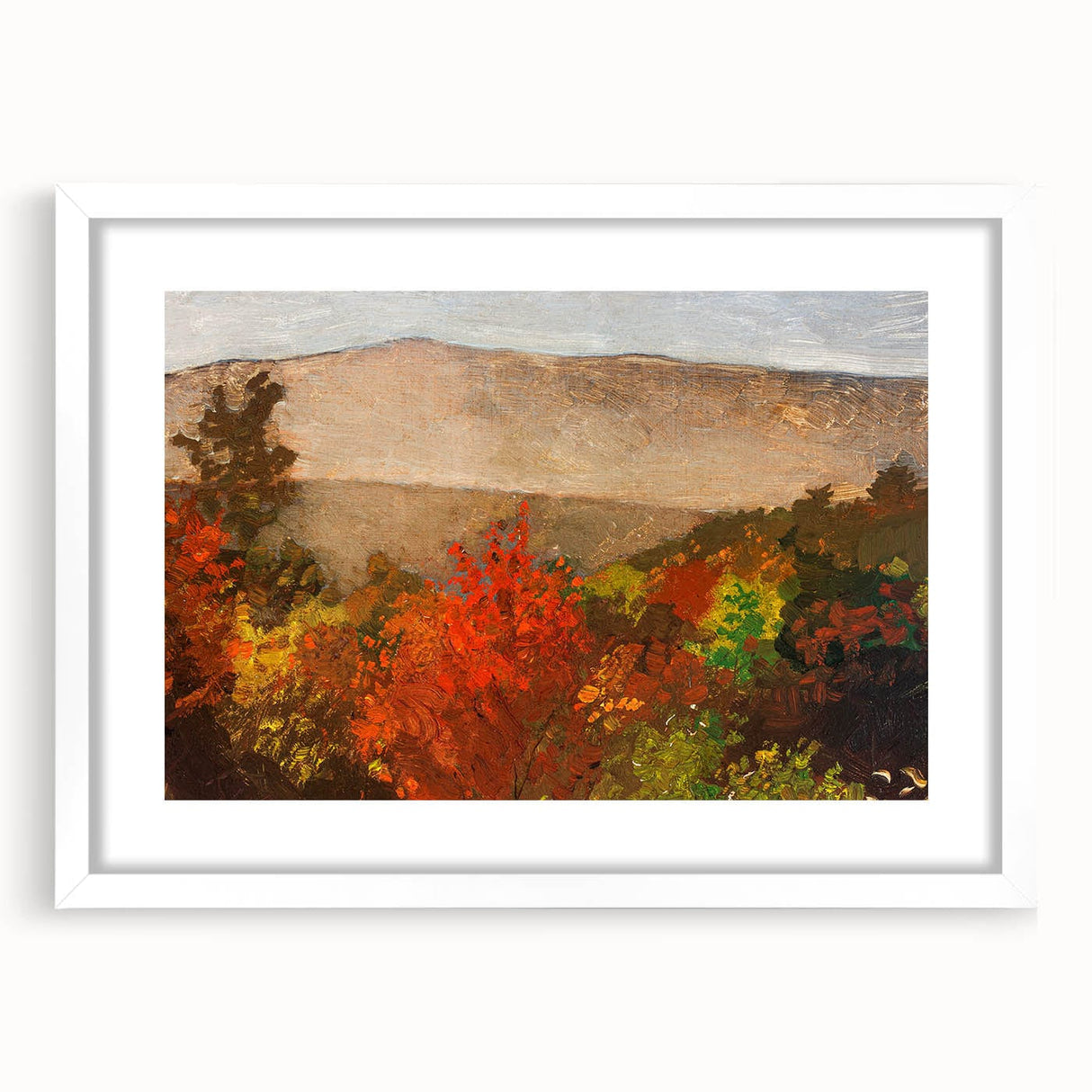 Abstract art print featuring swirling autumnal hues on a white framed canvas, ideal for dining room or bedroom decor.