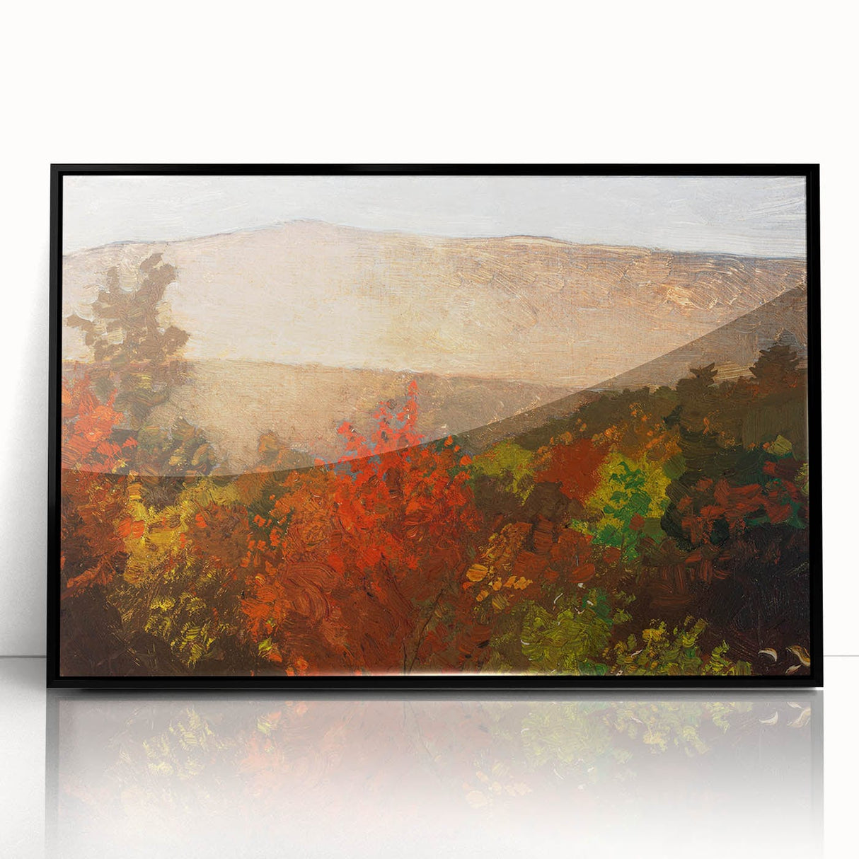 Large abstract wall art depicting fall seasons in muted orange and brown tones on a framed acrylic.