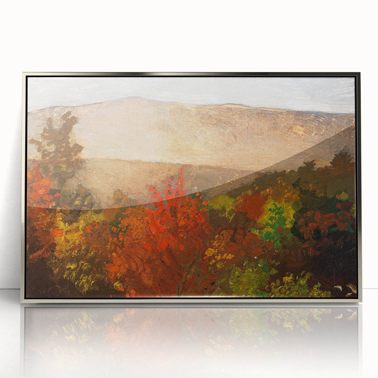 Mid-century modernist art depicting autumn trees in orange and brown tones on a silver-framed acrylic print.