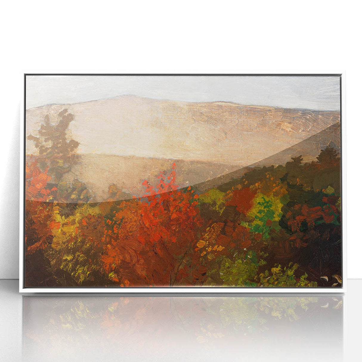 Acrylic print of a modern art deco poster featuring autumnal trees in warm orange and brown tones.