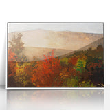 Acrylic print of a modern art deco poster featuring autumnal trees in warm orange and brown tones.