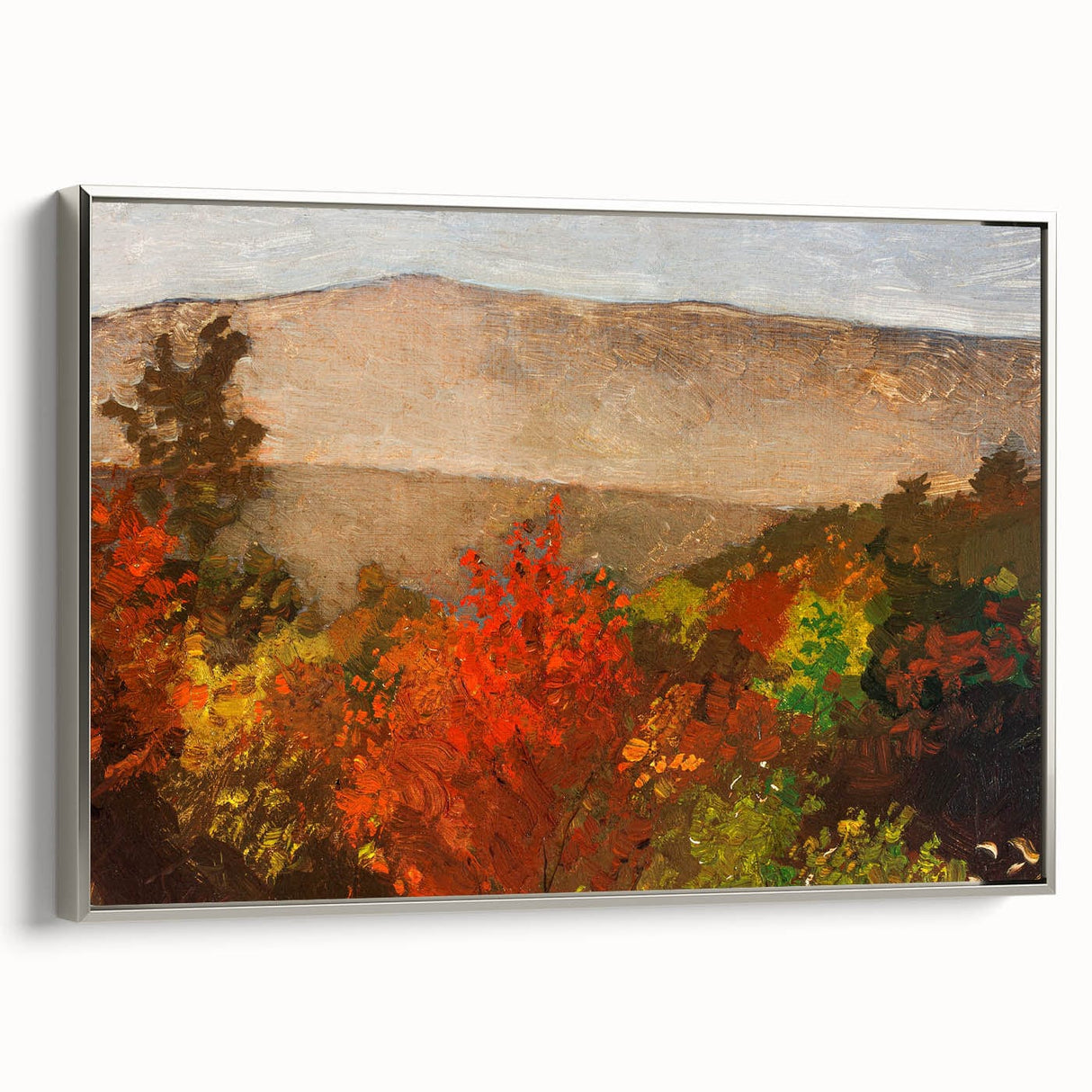 Framed canvas depicting a vintage landscape painting with autumnal trees in vibrant orange and red tones.