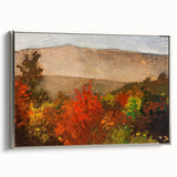 Framed canvas depicting a vintage landscape painting with autumnal trees in vibrant orange and red tones.