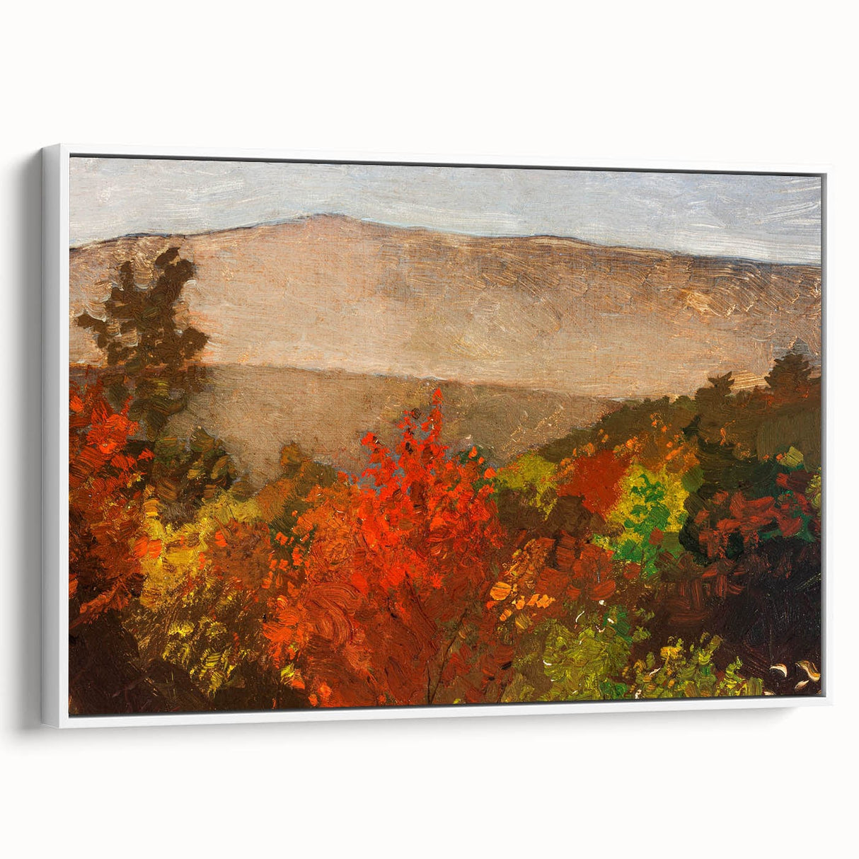 Vintage poster art of a colorful autumn scene on a framed canvas, ideal for extra large wall art in a living room.