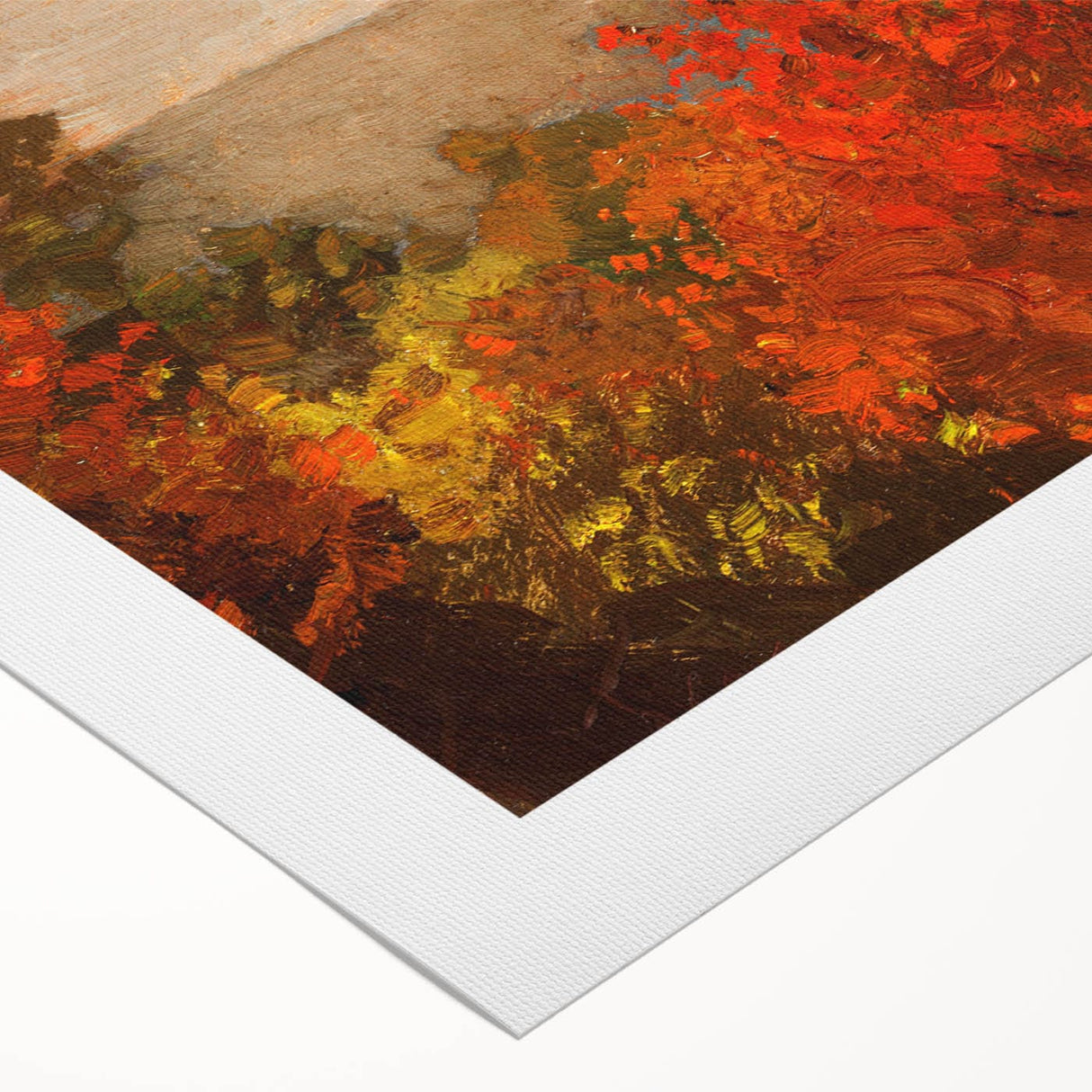 Art deco poster featuring a stylized autumn landscape in warm orange and brown tones on rolled canvas.