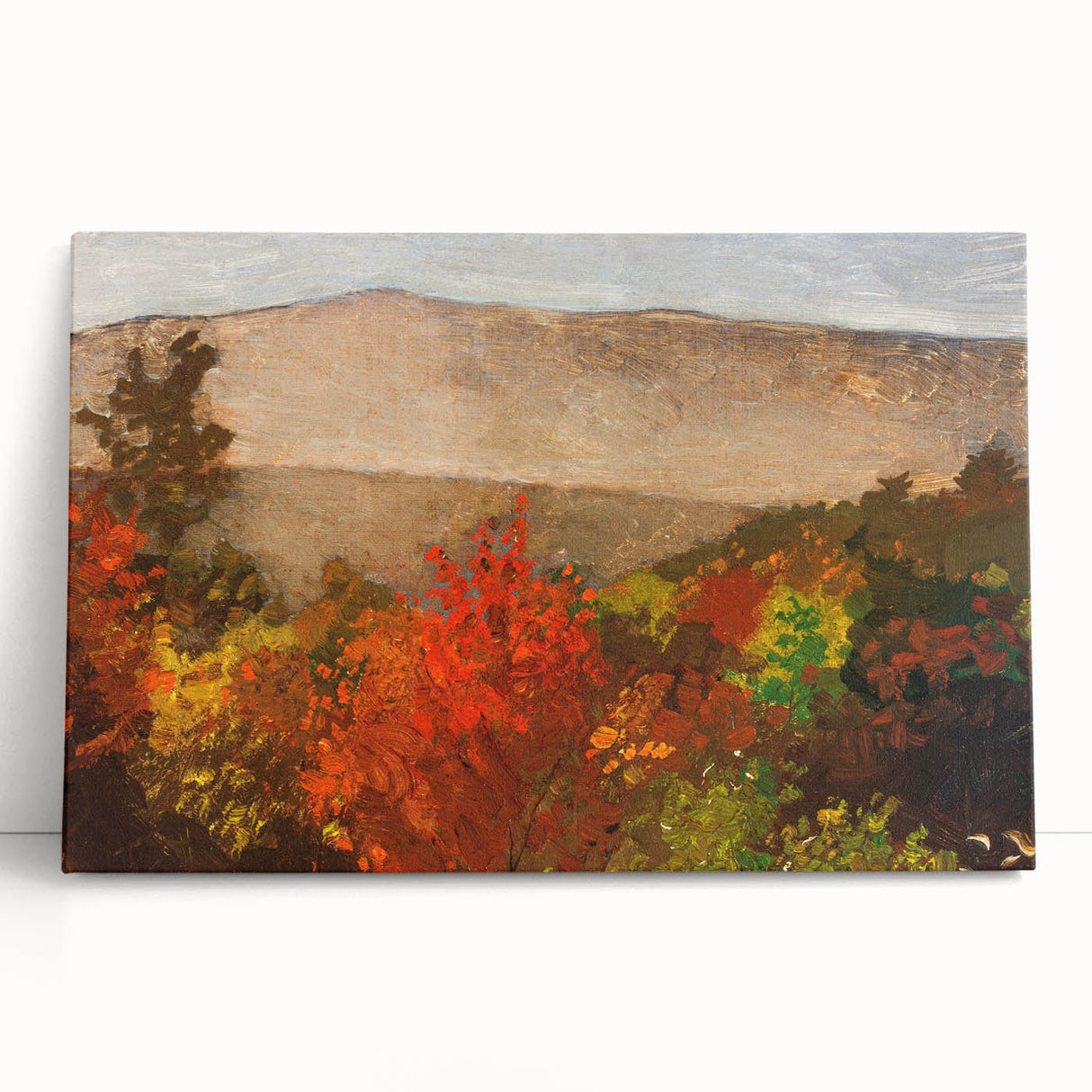 Large black and white stretched canvas depicting a stylized fall scene, ideal for kitchen wall art or bedroom ambiance.