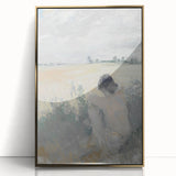 Abstract figurative framed acrylic artwork showcasing dynamic gold tones and fluid shapes, set against a sleek backdrop, ideal for modern home decor.