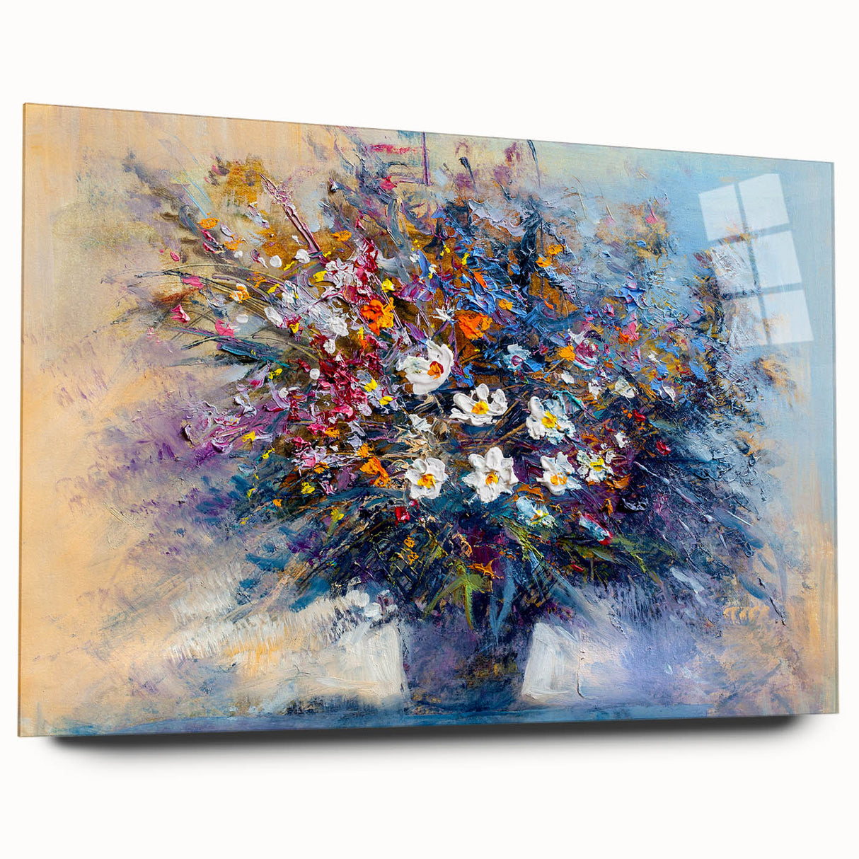 Abstract floral acrylic wall art displayed in a side view, showcasing vivid colors and intricate patterns on glass, ideal for modern home decor.