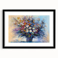 Abstract floral frame art print in black matting, showcasing vibrant colors and intricate designs, perfect for modern home decor or gallery display.
