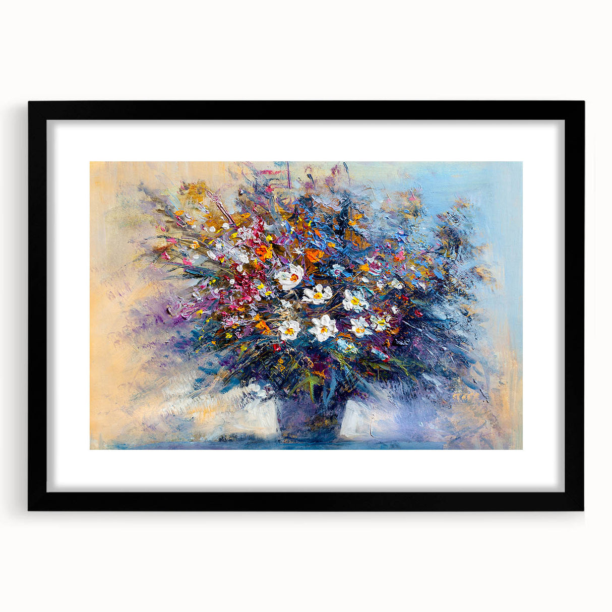 Abstract floral frame art print in black matting, showcasing vibrant colors and intricate designs, perfect for modern home decor or gallery display.