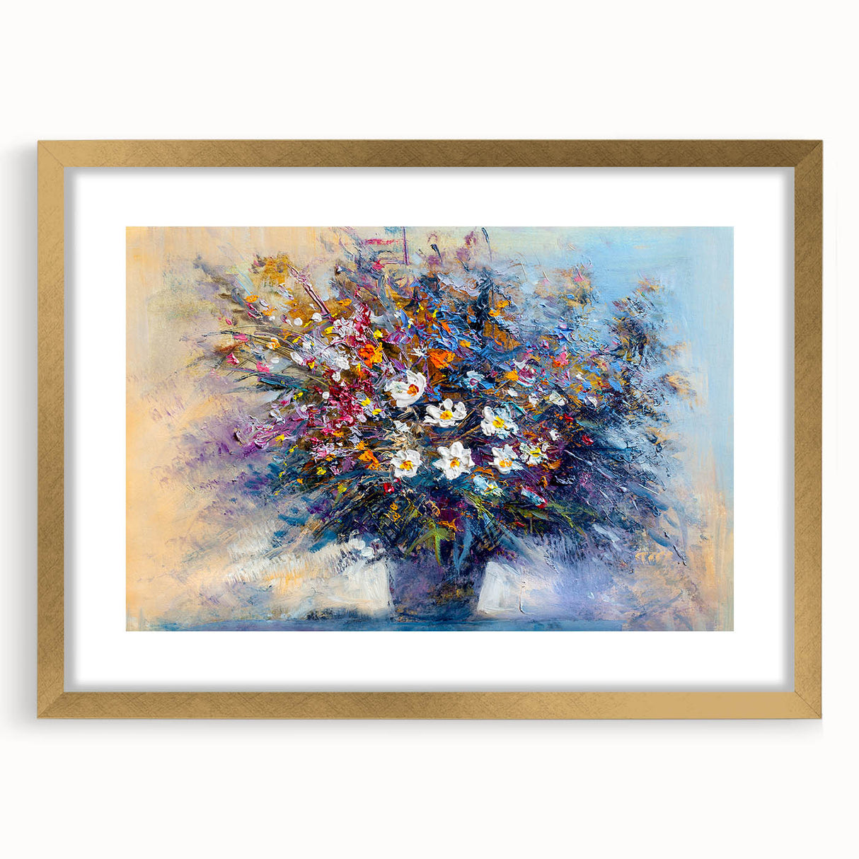 Abstract floral frame with a gold mat, showcasing vibrant colors and intricate patterns, perfect for modern home decor or art displays, enhancing any interior space.