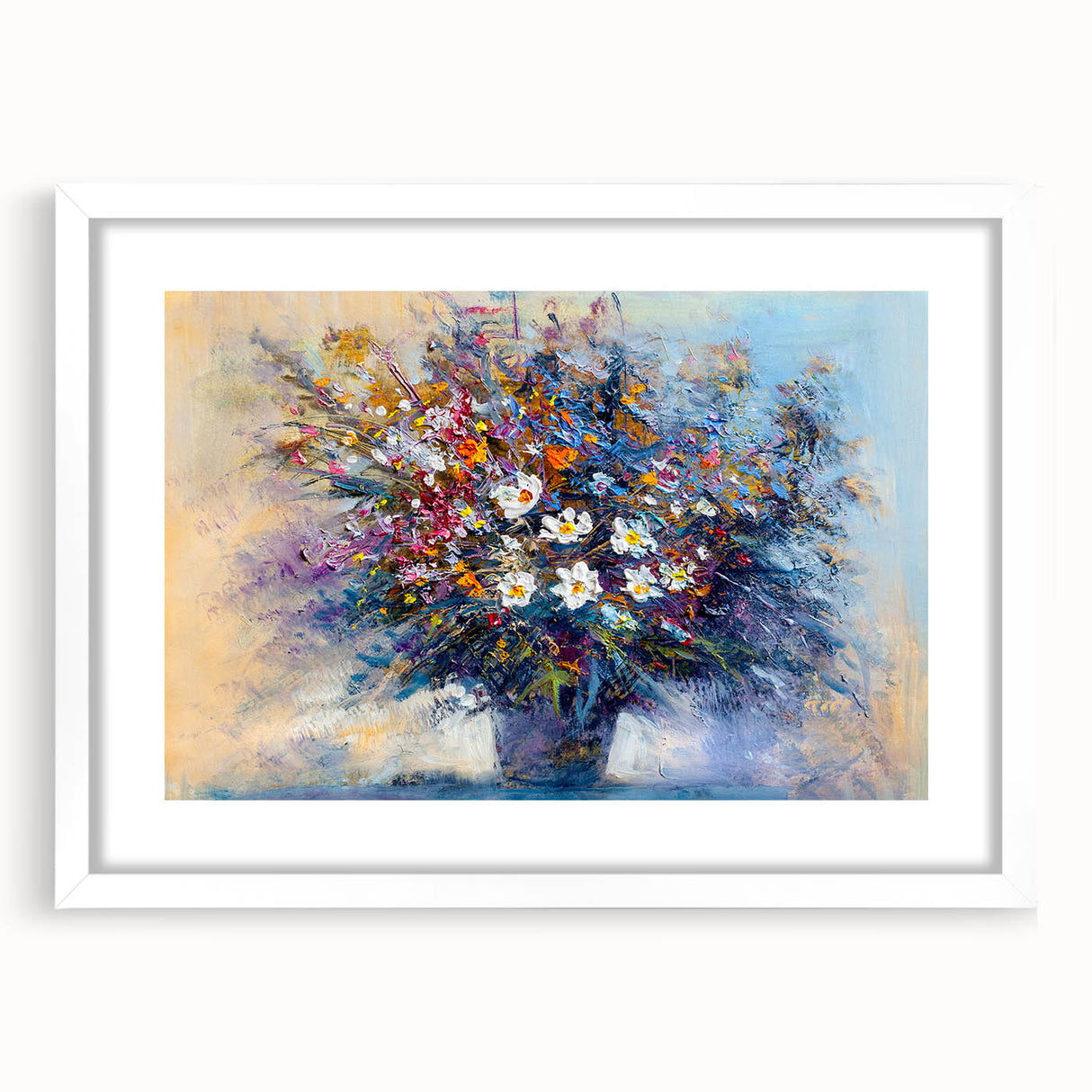 Abstract floral art print framed in white matting, showcasing vibrant colors and intricate designs, perfect for modern home decor, available for purchase.