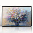 Framed acrylic artwork featuring vibrant abstract floral designs in shades of pink, blue, and green, set against a sleek black frame, ideal for modern home décor.