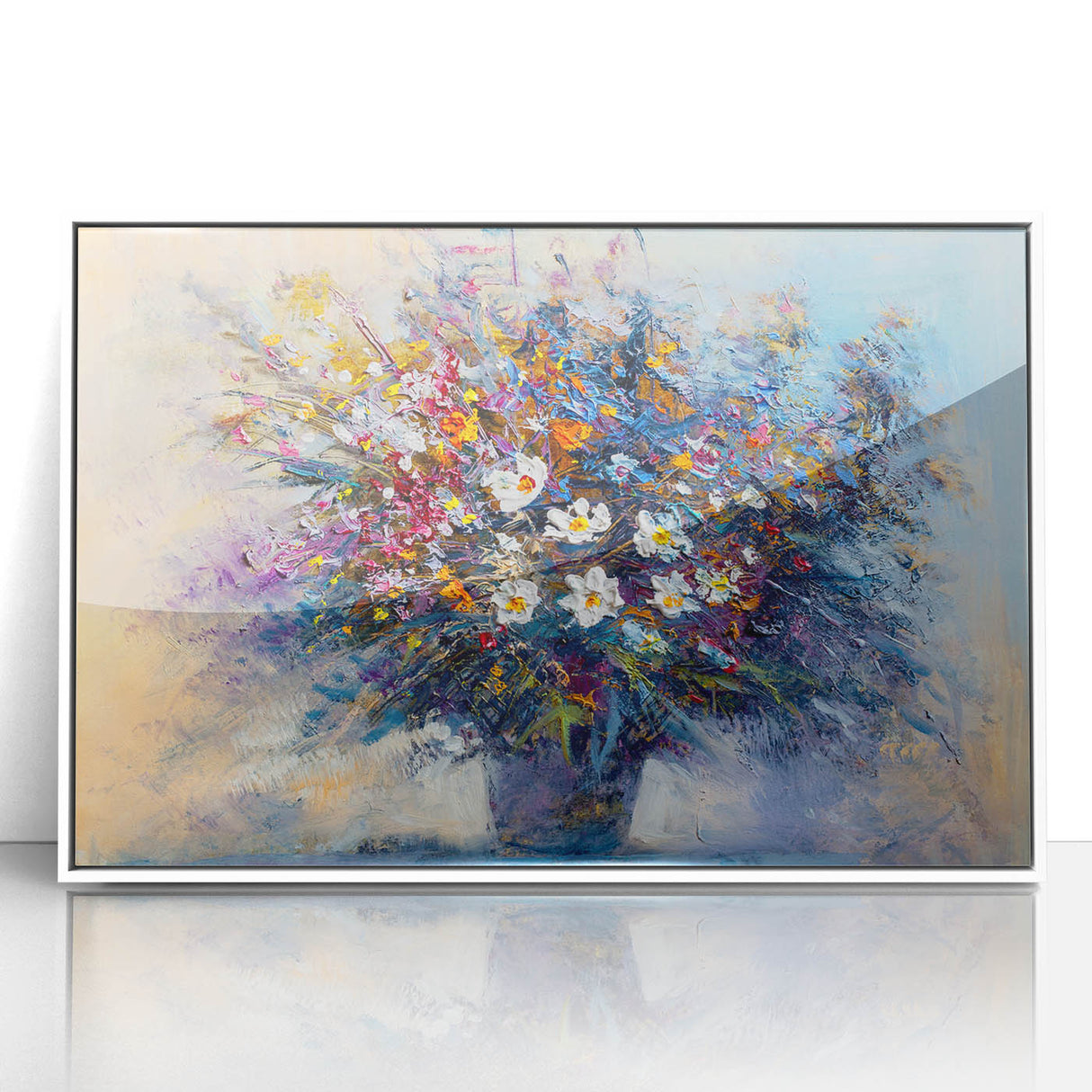 Framed acrylic artwork showcasing vibrant abstract floral designs in shades of pink and green, set against a sleek white background, perfect for modern home decor.