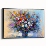 Framed canvas artwork showcasing abstract floral designs in vibrant colors, set against a sleek black frame, ideal for modern home decor. Perfect for enhancing living room aesthetics with a touch of elegance.