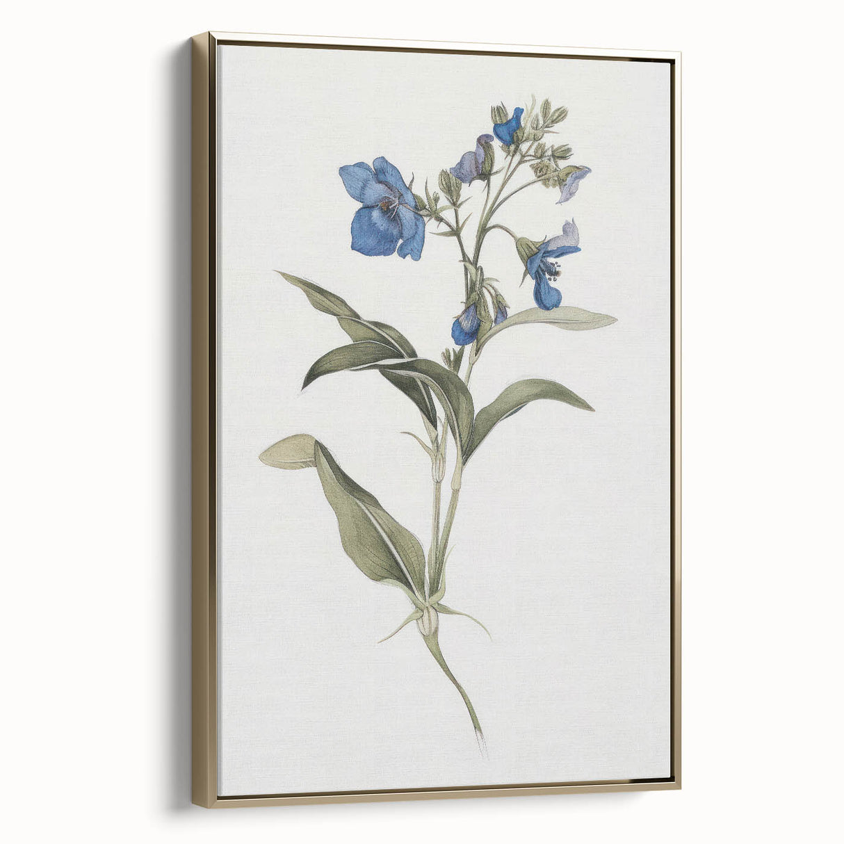 Framed canvas artwork showcasing abstract floral designs in vibrant colors, accented with a gold frame, ideal for modern home decor and artistic interiors.