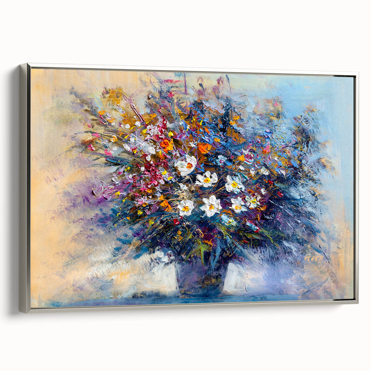 Framed canvas artwork showcasing an abstract floral design in vibrant colors, presented in a sleek silver frame, ideal for modern home decor enhancement.