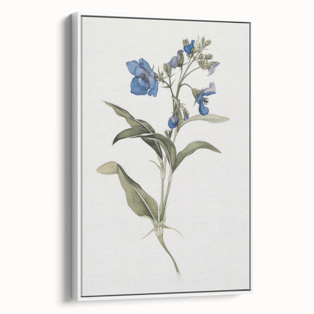 Framed abstract floral canvas art in white, showcasing vibrant colors and intricate designs, ideal for modern home decor. Side view highlights elegant framing and texture.