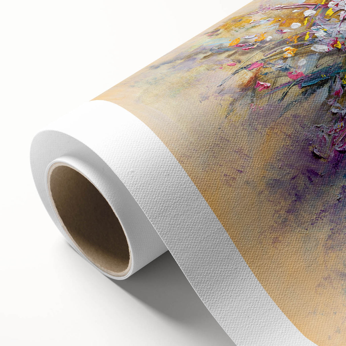 Vibrant abstract floral rolled canvas art showcasing intricate designs in bold colors, ideal for home décor, elegantly packaged in a protective tube.
