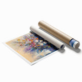 Abstract floral art print on rolled canvas, showcasing vibrant colors and intricate designs, ideal for home decor, elegantly packaged in a protective tube.