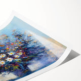 Abstract floral design rolled print featuring vibrant colors on a textured surface, elegantly packaged in a protective cardboard tube, ideal for modern home decor.