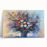 Abstract floral stretched canvas artwork featuring vibrant colors and intricate patterns, elegantly leaning against a wall, perfect for modern home decor.