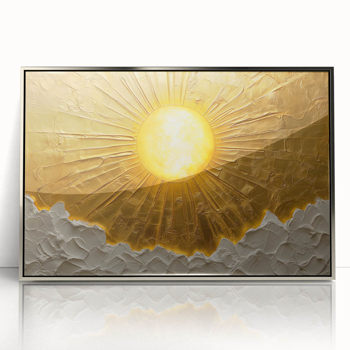 Framed abstract landscape wall art featuring a silver acrylic finish, showcasing vibrant colors and dynamic shapes, ideal for modern home decor.
