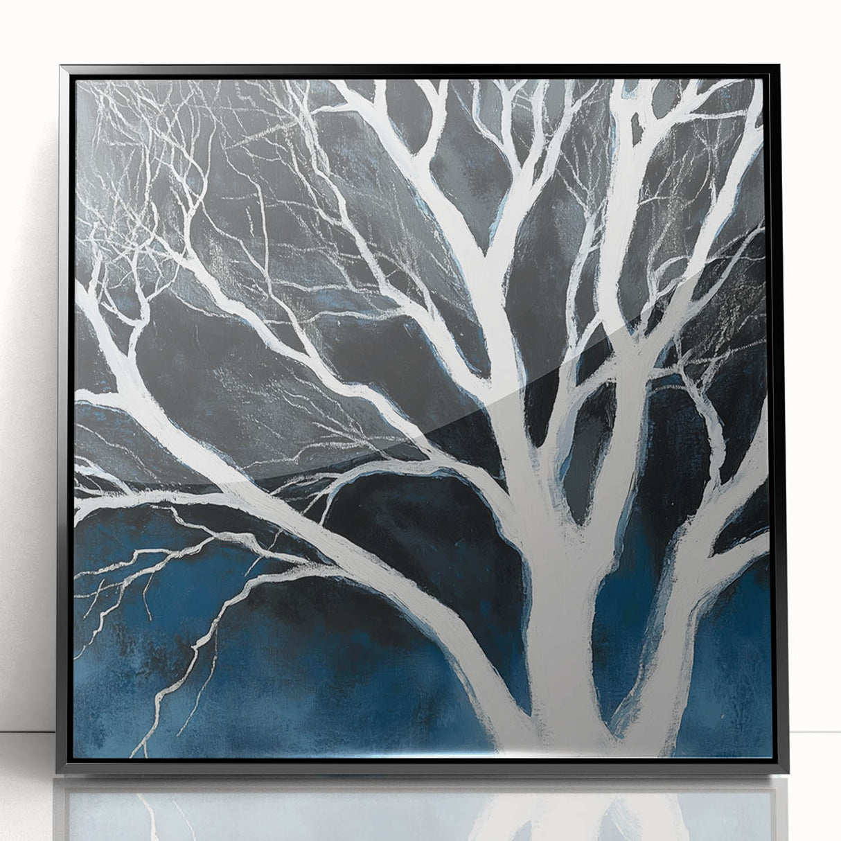 Modern Abstract Wall Art – Minimalist Tree in Blue and Gray Tones