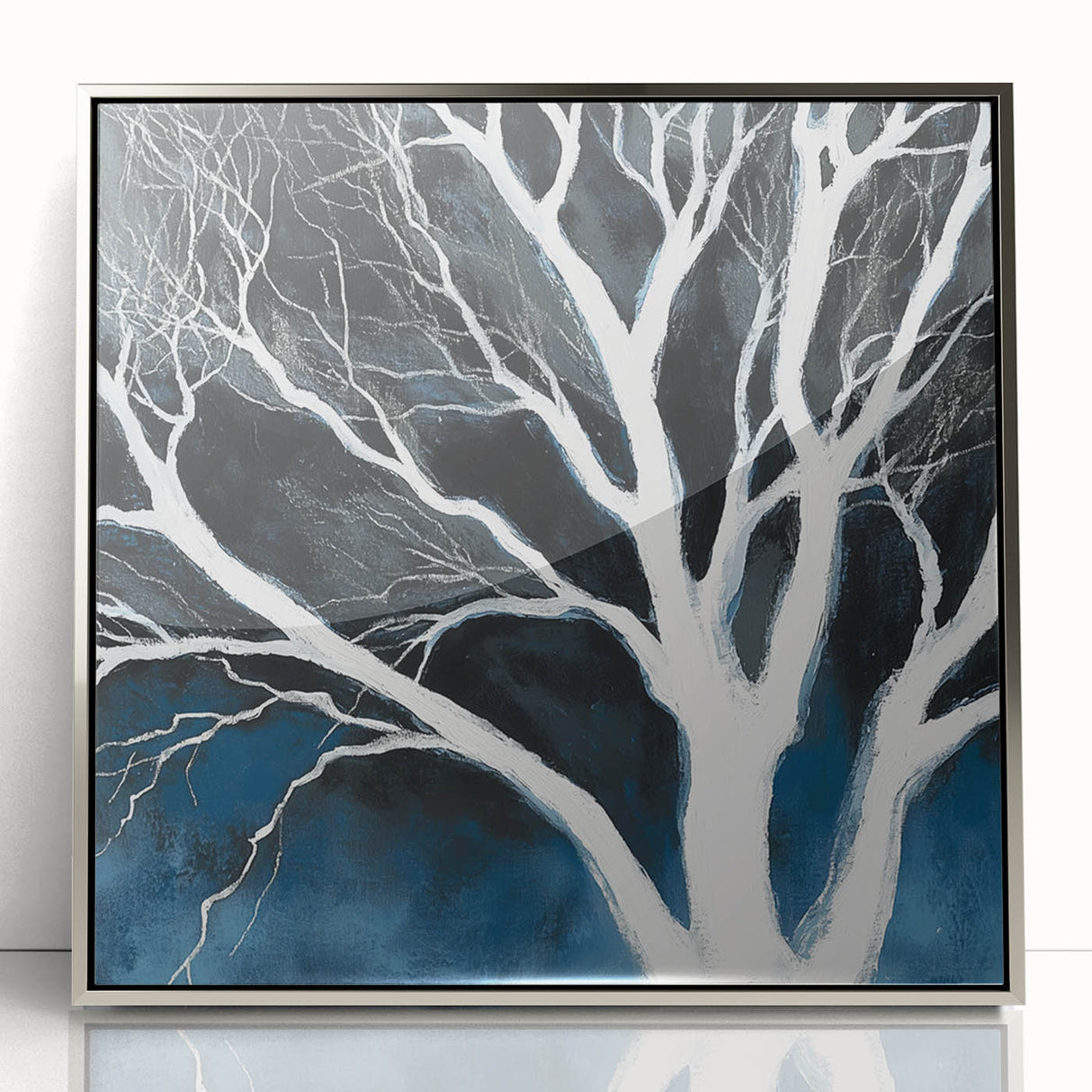 Modern Abstract Wall Art – Minimalist Tree in Blue and Gray Tones