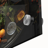 Large abstract wall art featuring assorted fruits in vibrant colors on acrylic glass, ideal for dining room decor.