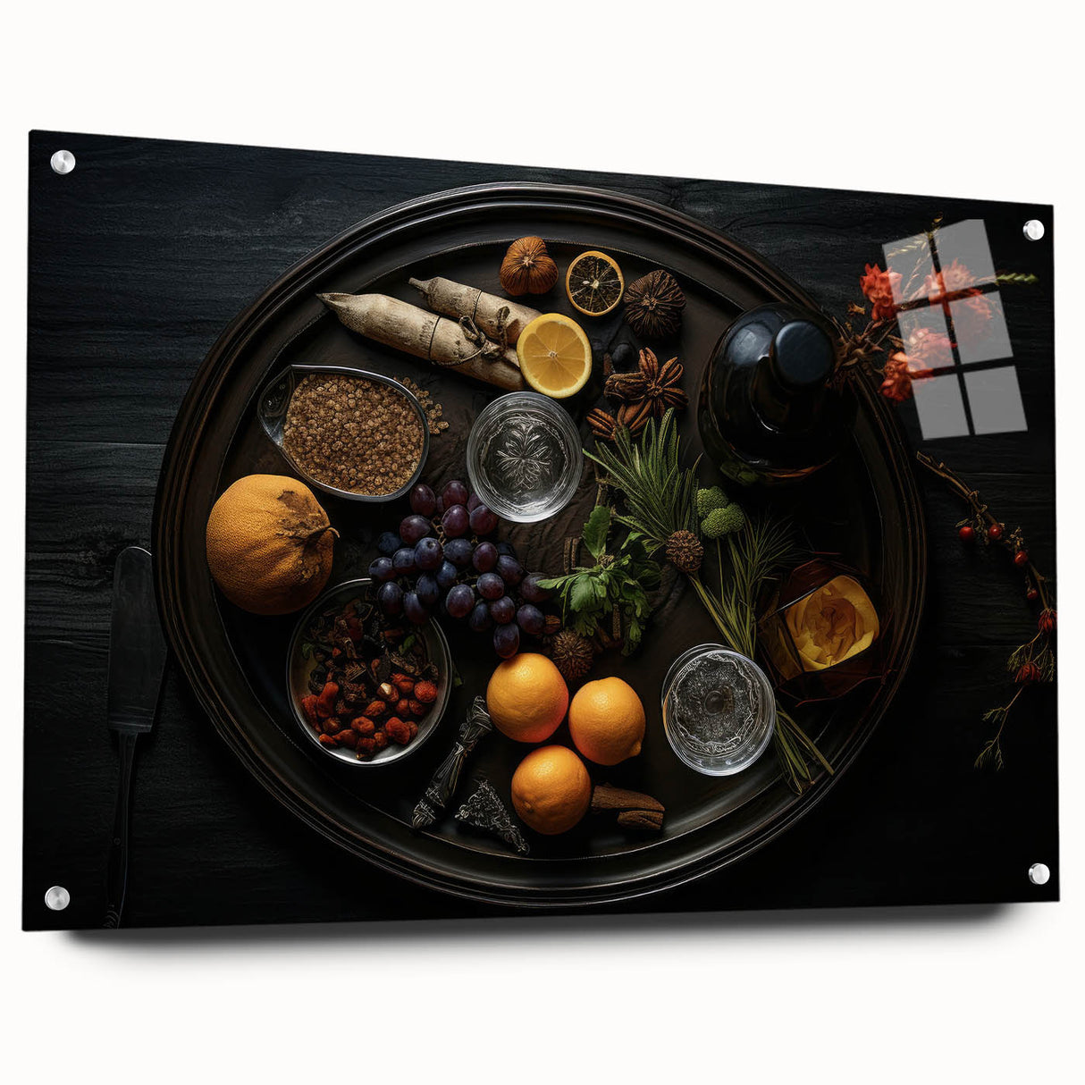 Acrylic print of large abstract fruits in vibrant colors, ideal for dining room wall art.