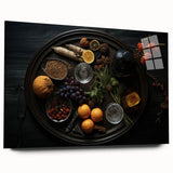 Large abstract wall art featuring assorted fruits in vibrant colors on acrylic glass, ideal for bedroom or dining room decor.