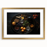 Extra large abstract art print featuring textured fruits in vibrant colors, framed in gold, ideal for living room decor.