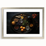 Textured abstract art print featuring an array of fruits in muted colors, framed in silver, ideal for bedroom decor.