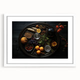 Abstract art print of assorted fruits in vibrant colors on a white framed poster, ideal for dining room decor.