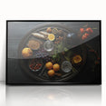 Large abstract wall art featuring assorted fruits in bold colors on a black acrylic framed print.