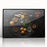 Large abstract wall art featuring assorted fruits in bold colors on a black acrylic framed print.