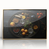 Large art print of assorted fruits in vibrant colors on a gold-framed acrylic, ideal for modern kitchen decor.