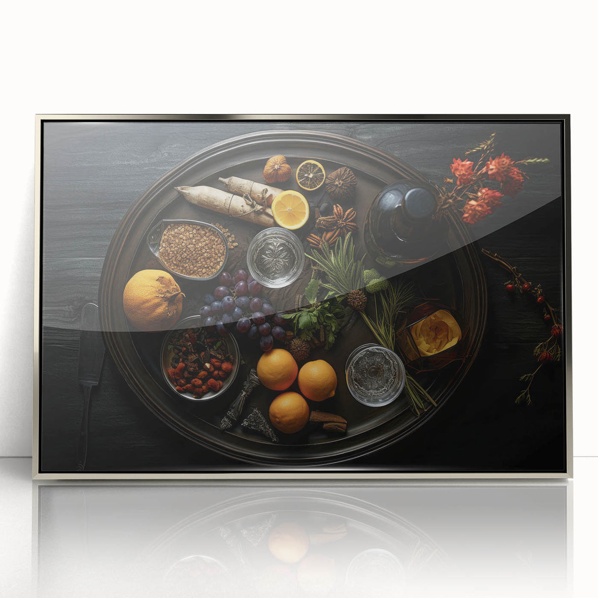 Mid-century modernist art depicting assorted fruits in vibrant colors on a framed acrylic print.