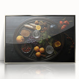 Mid-century modernist art depicting assorted fruits in vibrant colors on a framed acrylic print.