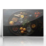 Art deco poster featuring vibrant fruits on white acrylic, framed, ideal for modern nursery wall decor.