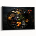 Black and white framed canvas featuring a vintage poster art style landscape of assorted fruits, ideal for bedroom decor.