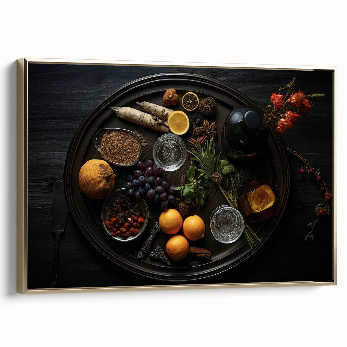 Framed canvas featuring a vintage poster of assorted fruits in rich gold and black tones, suitable for bedroom decor.