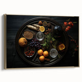 Framed canvas featuring a vintage poster of assorted fruits in rich gold and black tones, suitable for bedroom decor.