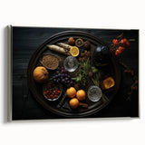 Landscape art painting of colorful fruits on a black background in a silver frame, ideal for kitchen wall decor.