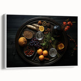 Vintage poster art of colorful fruits on a large framed canvas, ideal for living room decor.