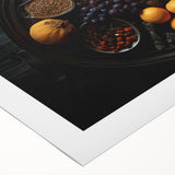 Art deco poster of assorted fruits in vibrant colors on rolled canvas, suitable for dining room wall art.