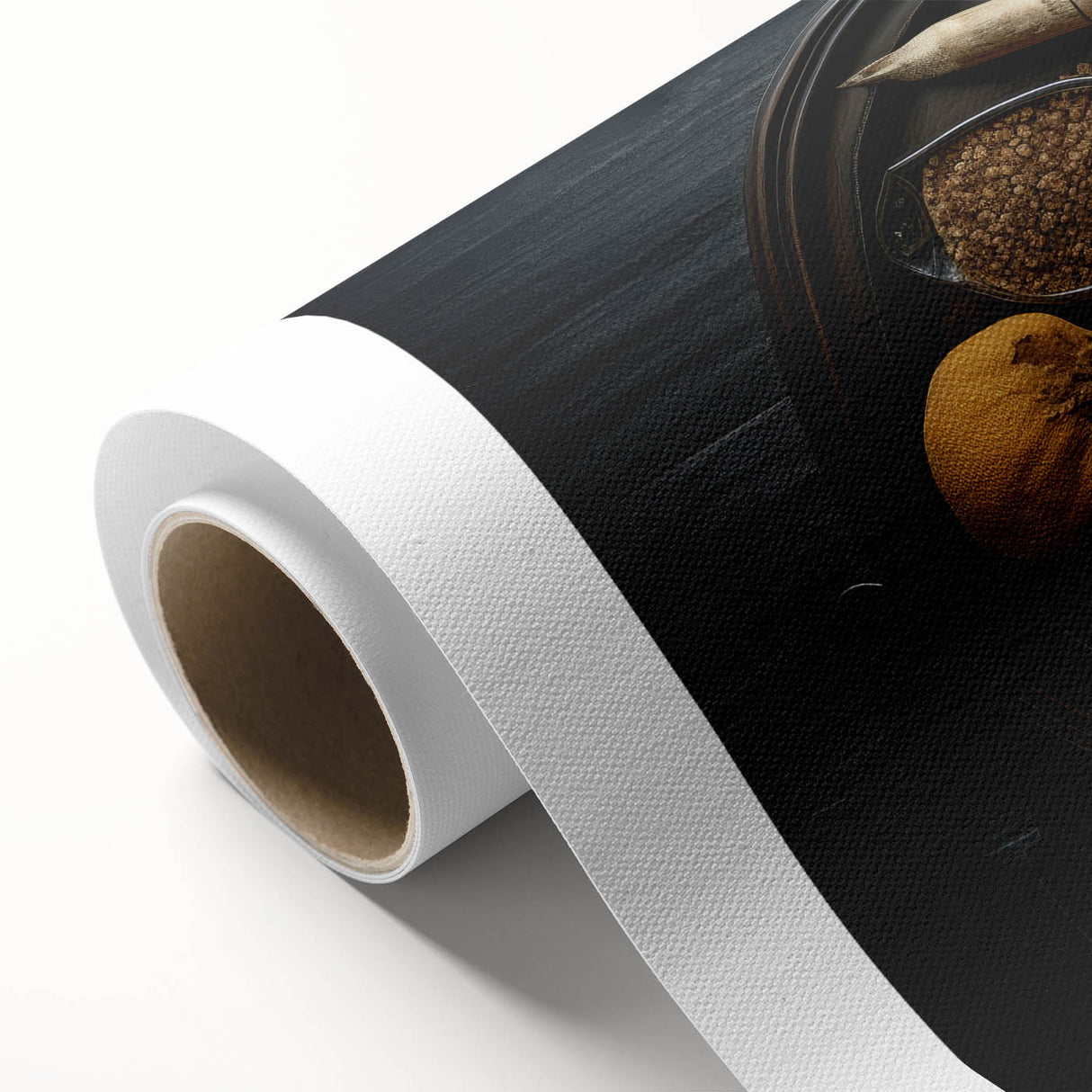 Rolled canvas featuring a colorful array of fruits in an art deco style, ideal for nursery wall art or dining room decor.